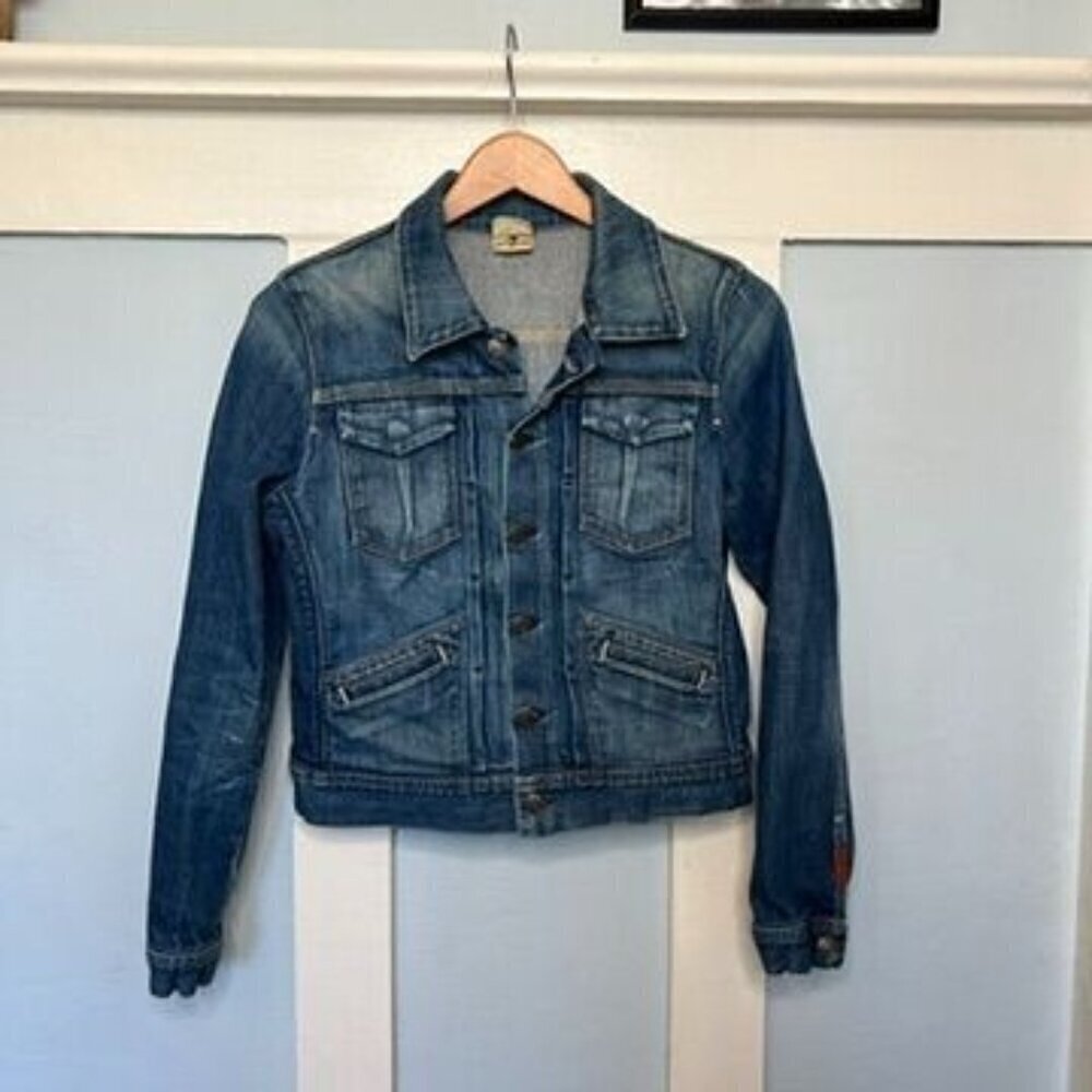 Vintage 7 For All Mankind Women's Blue Denim Jacket With Button Front & Pockets